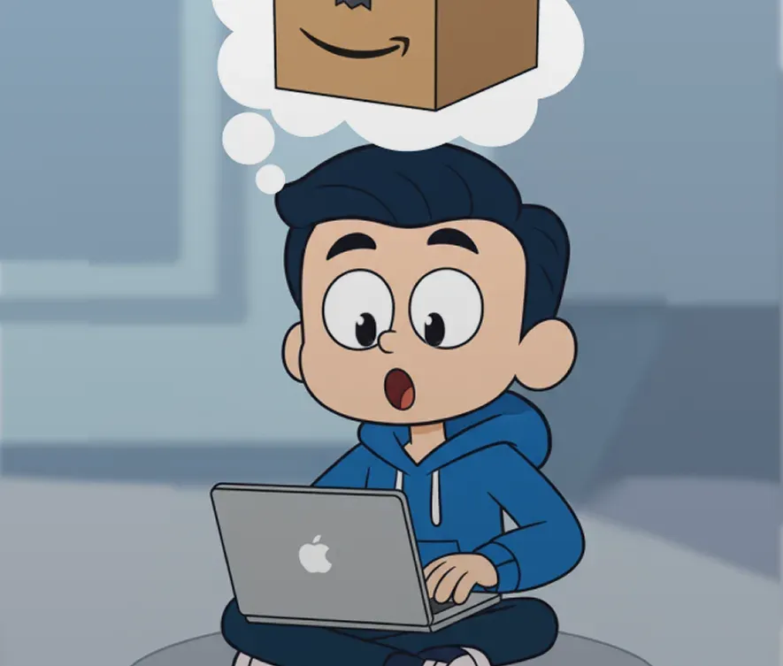 Young man imagining his first online purchase from his laptop