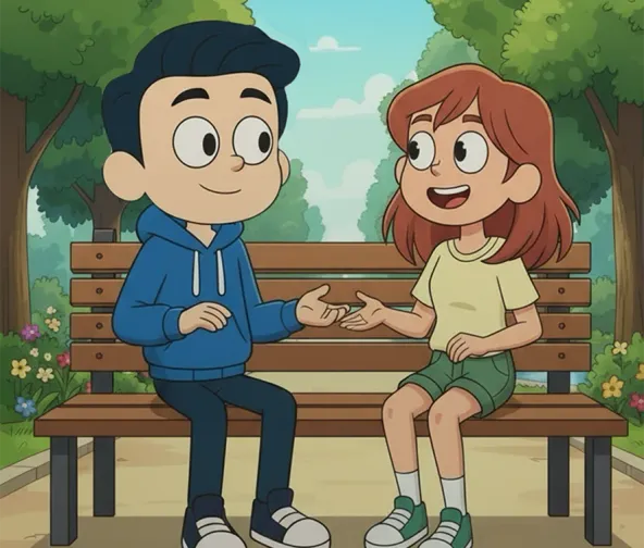 Two friends talking about the referral program at a park