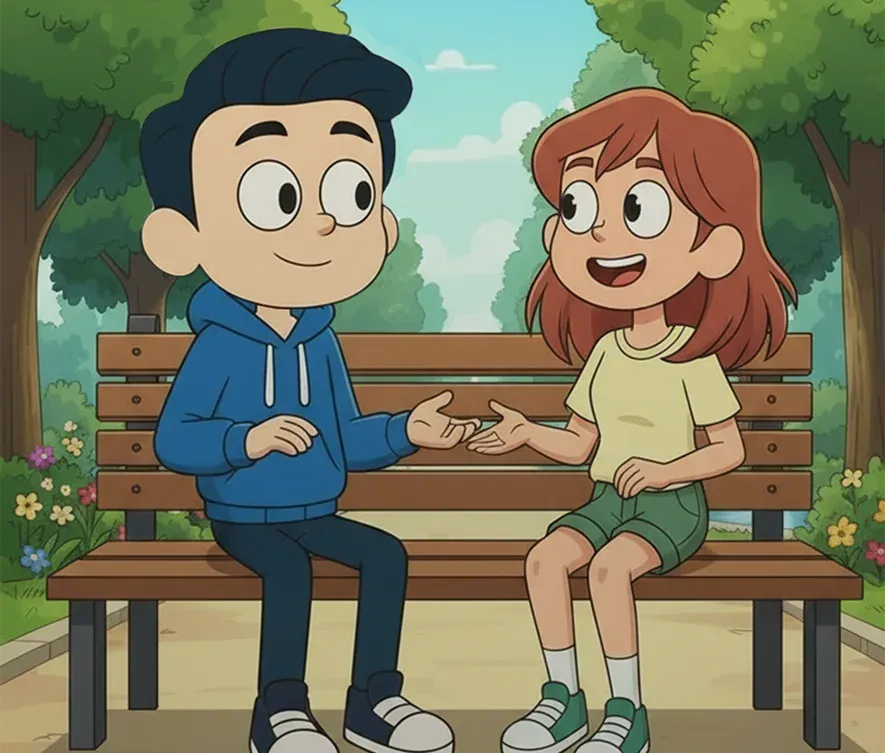 Two friends talking about the referral program at a park