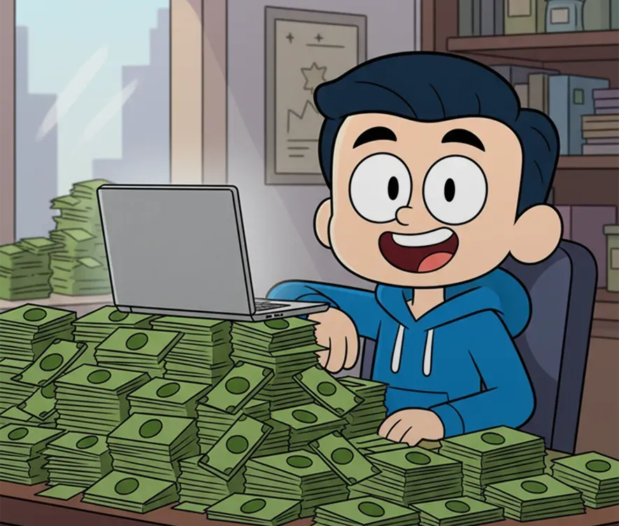 Happy customer at his laptop after getting his money back